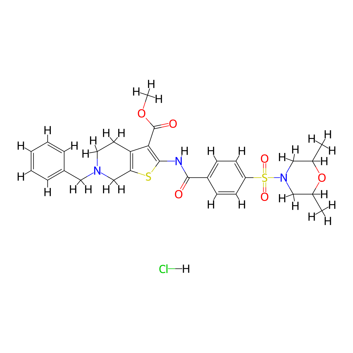 Methyl 6-benzyl-2-(4-((2,6-dimethylmorpholino)sulfonyl)benzamido)-4,5,6,7-tetrahydrothieno[2,3-c]pyridine-3-carboxylate hydrochloride molecular structure, CAS 1216766-10-7