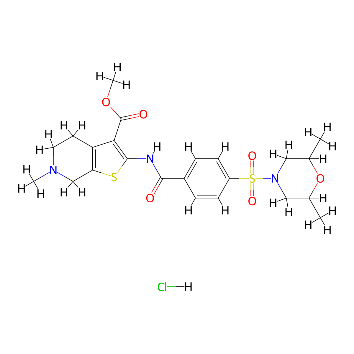 Methyl 2-(4-((2,6-dimethylmorpholino)sulfonyl)benzamido)-6-methyl-4,5,6,7-tetrahydrothieno[2,3-c]pyridine-3-carboxylate hydrochloride molecular structure, CAS 1216768-63-6