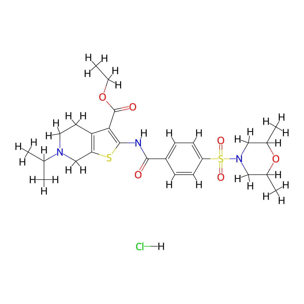 Ethyl 2-(4-((2,6-dimethylmorpholino)sulfonyl)benzamido)-6-isopropyl-4,5,6,7-tetrahydrothieno[2,3-c]pyridine-3-carboxylate hydrochloride molecular structure, CAS 1216773-16-8