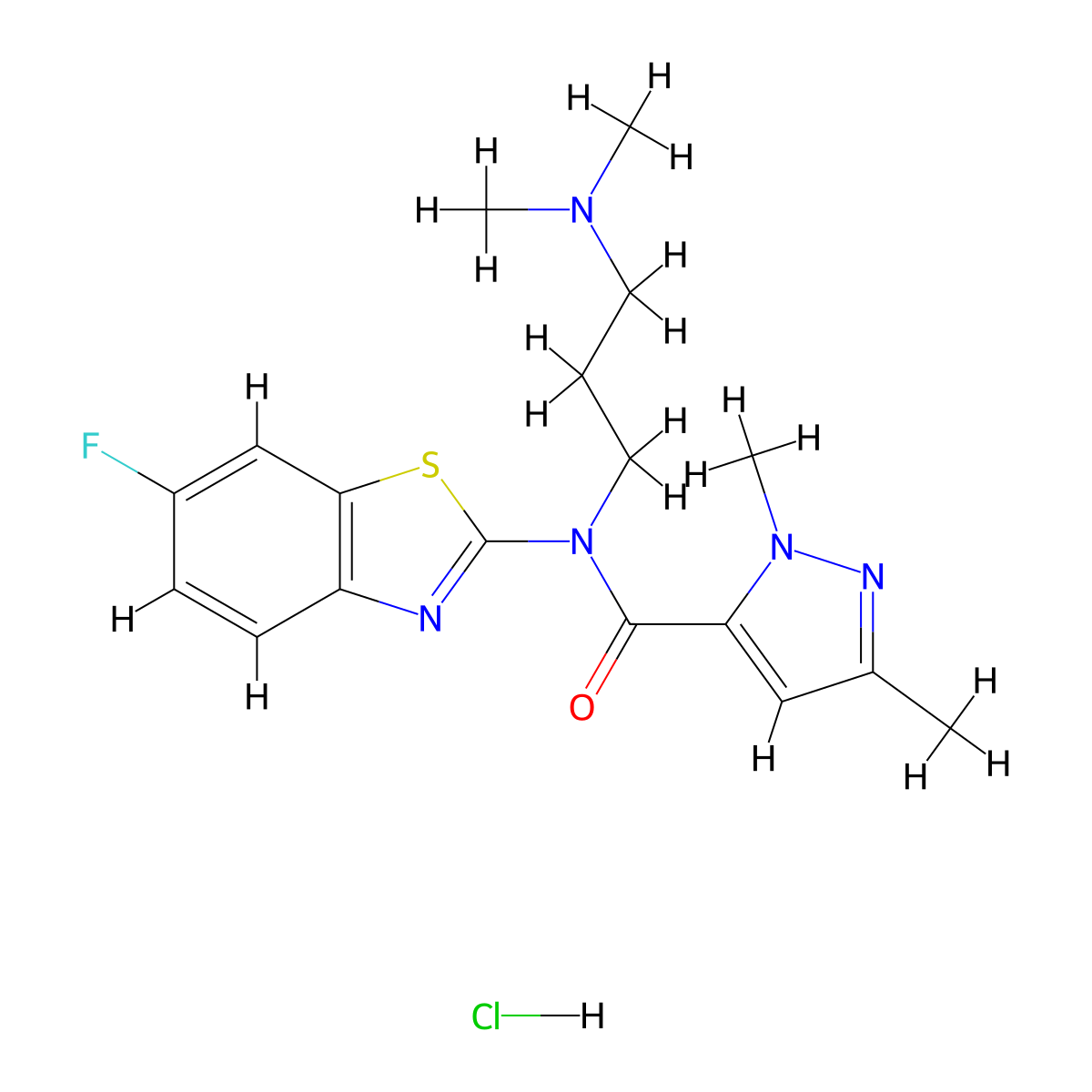 N-(3-(dimethylamino)propyl)-N-(6-fluorobenzo[d]thiazol-2-yl)-1,3-dimethyl-1H-pyrazole-5-carboxamide hydrochloride molecular structure, CAS 1216775-03-9