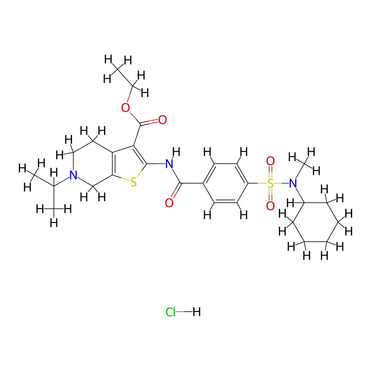ethyl 2-(4-(N-cyclohexyl-N-methylsulfamoyl)benzamido)-6-isopropyl-4,5,6,7-tetrahydrothieno[2,3-c]pyridine-3-carboxylate hydrochloride molecular structure, CAS 1216779-96-2