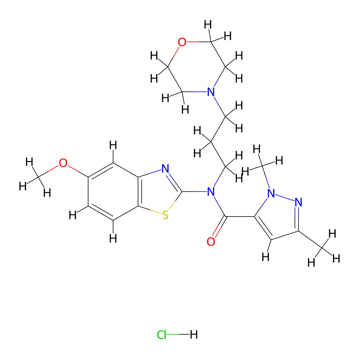 N-(5-methoxybenzo[d]thiazol-2-yl)-1,3-dimethyl-N-(3-morpholinopropyl)-1H-pyrazole-5-carboxamide hydrochloride molecular structure, CAS 1216782-90-9