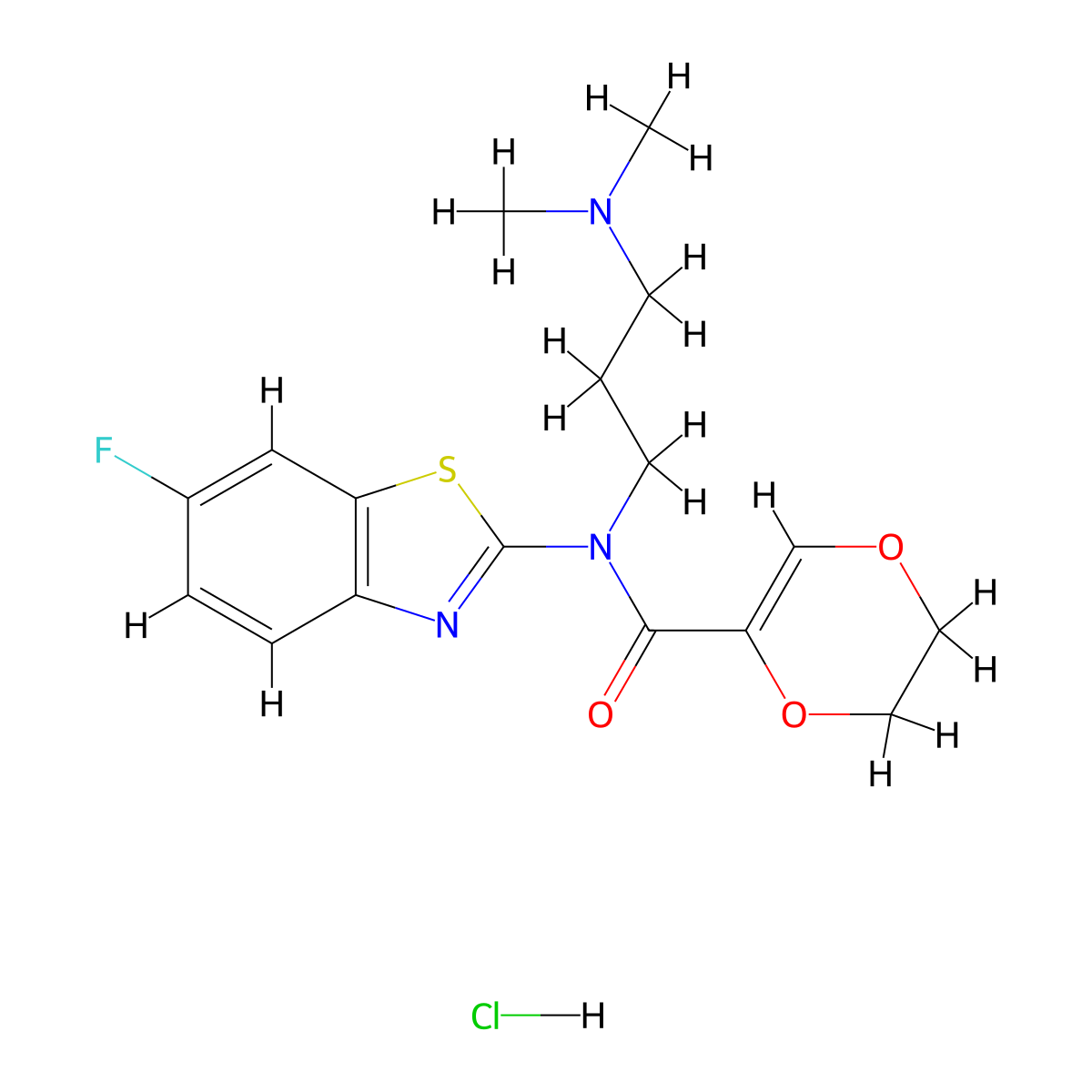 N-(3-(dimethylamino)propyl)-N-(6-fluorobenzo[d]thiazol-2-yl)-5,6-dihydro-1,4-dioxine-2-carboxamide hydrochloride molecular structure, CAS 1216791-58-0