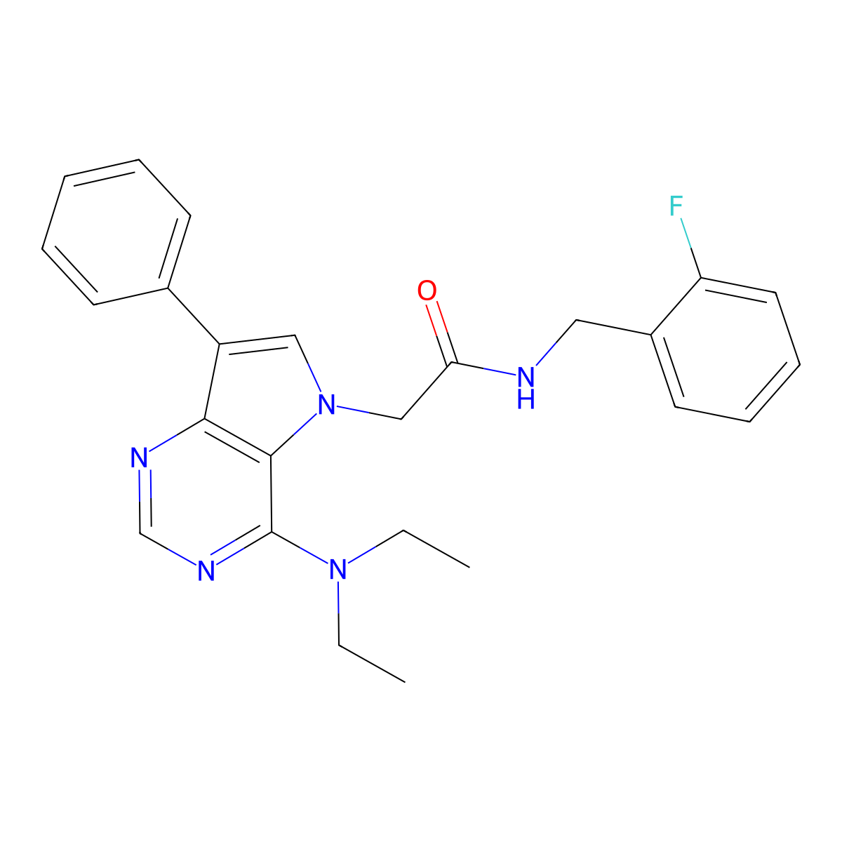 2-[4-(diethylamino)-7-phenyl-5H-pyrrolo[3,2-d]pyrimidin-5-yl]-N-[(2-fluorophenyl)methyl]acetamide molecular structure, CAS 1216798-22-9