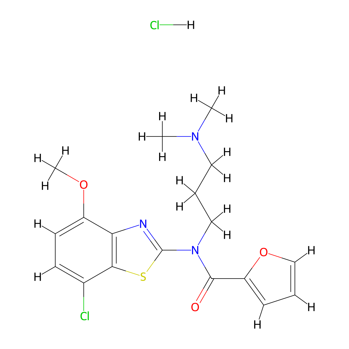N-(7-chloro-4-methoxybenzo[d]thiazol-2-yl)-N-(3-(dimethylamino)propyl)furan-2-carboxamide hydrochloride molecular structure, CAS 1216799-45-9