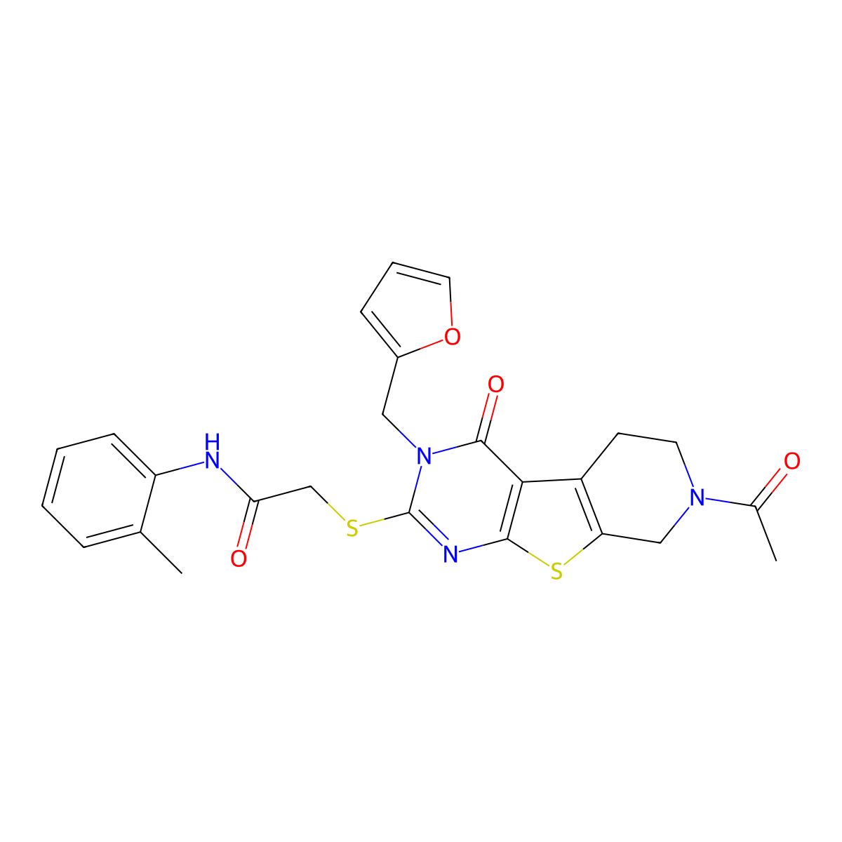2-({11-acetyl-4-[(furan-2-yl)methyl]-3-oxo-8-thia-4,6,11-triazatricyclo[7.4.0.0^{2,7}]trideca-1(9),2(7),5-trien-5-yl}sulfanyl)-N-(2-methylphenyl)acetamide molecular structure, CAS 1216802-03-7