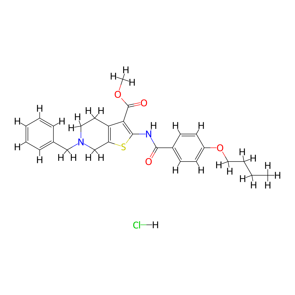 Methyl 6-benzyl-2-(4-butoxybenzamido)-4,5,6,7-tetrahydrothieno[2,3-c]pyridine-3-carboxylate hydrochloride molecular structure, CAS 1216804-22-6