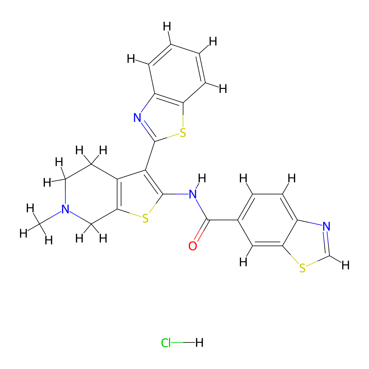 N-(3-(benzo[d]thiazol-2-yl)-6-methyl-4,5,6,7-tetrahydrothieno[2,3-c]pyridin-2-yl)benzo[d]thiazole-6-carboxamide hydrochloride molecular structure, CAS 1216806-55-1