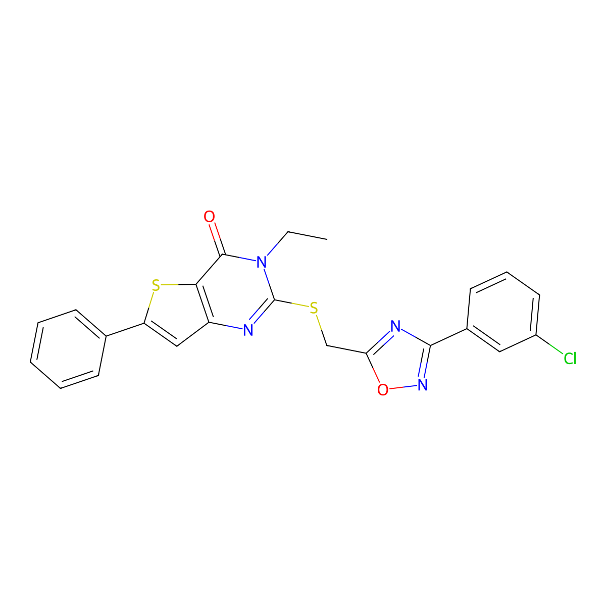 2-(((3-(3-chlorophenyl)-1,2,4-oxadiazol-5-yl)methyl)thio)-3-ethyl-6-phenylthieno[3,2-d]pyrimidin-4(3H)-one molecular structure, CAS 1216806-83-5