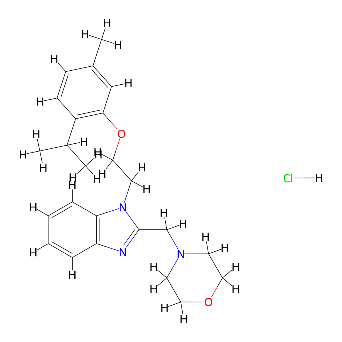 1-{2-[5-methyl-2-(propan-2-yl)phenoxy]ethyl}-2-[(morpholin-4-yl)methyl]-1H-1,3-benzodiazole hydrochloride molecular structure, CAS 1216813-10-3