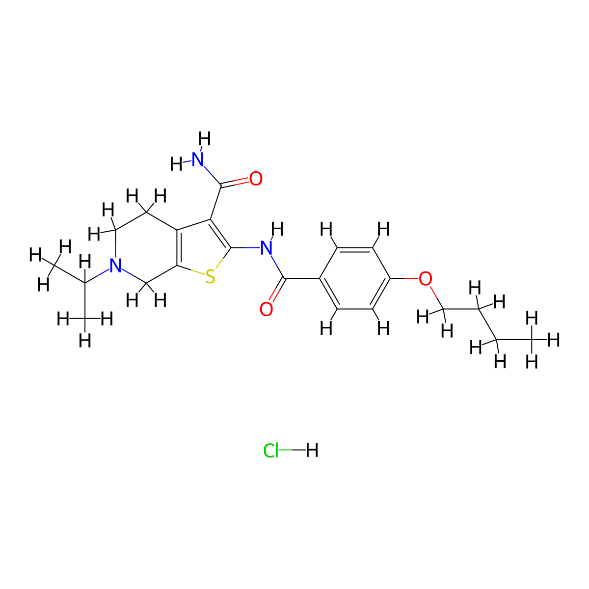 2-(4-Butoxybenzamido)-6-isopropyl-4,5,6,7-tetrahydrothieno[2,3-c]pyridine-3-carboxamide hydrochloride molecular structure, CAS 1216817-36-5
