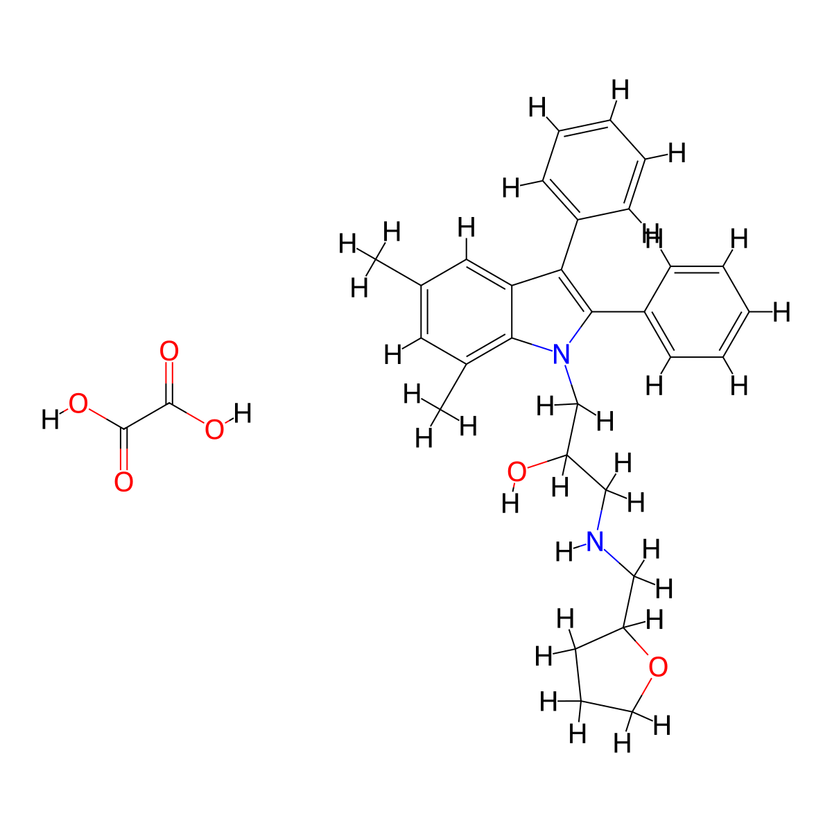 1-(5,7-dimethyl-2,3-diphenyl-1H-indol-1-yl)-3-(((tetrahydrofuran-2-yl)methyl)amino)propan-2-ol oxalate molecular structure, CAS 1216832-03-9
