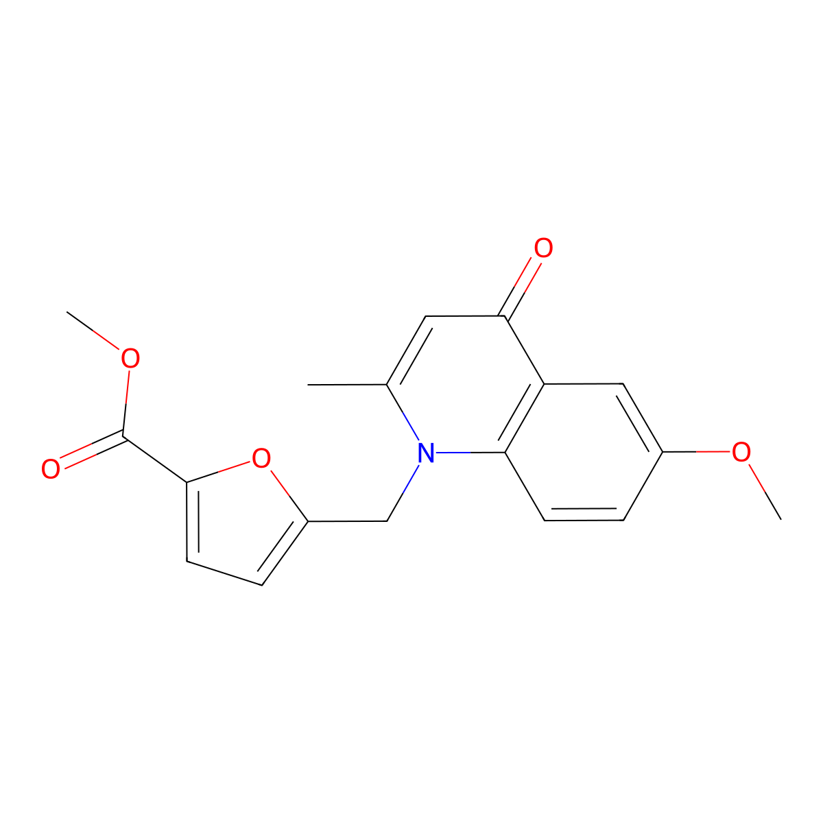 Methyl 5-((6-methoxy-2-methyl-4-oxoquinolin-1(4H)-yl)methyl)furan-2-carboxylate molecular structure, CAS 1216841-62-1