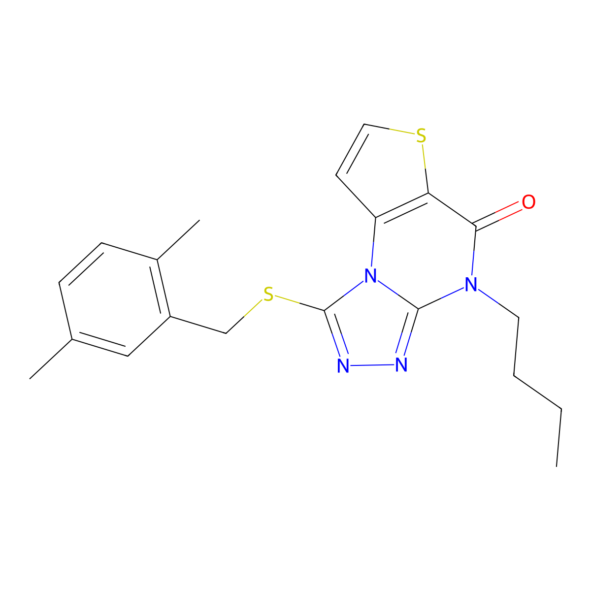 4-butyl-1-((2,5-dimethylbenzyl)thio)thieno[2,3-e][1,2,4]triazolo[4,3-a]pyrimidin-5(4H)-one molecular structure, CAS 1216842-22-6