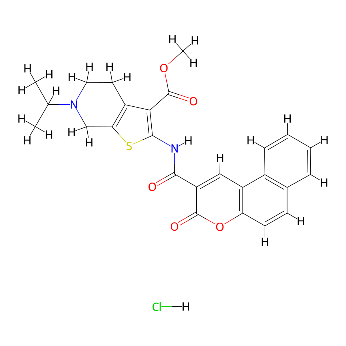 methyl 6-isopropyl-2-(3-oxo-3H-benzo[f]chromene-2-carboxamido)-4,5,6,7-tetrahydrothieno[2,3-c]pyridine-3-carboxylate hydrochloride molecular structure, CAS 1216848-45-1