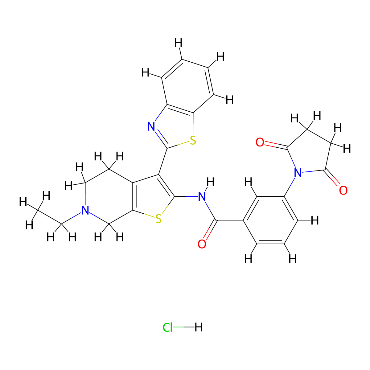 N-(3-(benzo[d]thiazol-2-yl)-6-ethyl-4,5,6,7-tetrahydrothieno[2,3-c]pyridin-2-yl)-3-(2,5-dioxopyrrolidin-1-yl)benzamide hydrochloride molecular structure, CAS 1216851-75-0