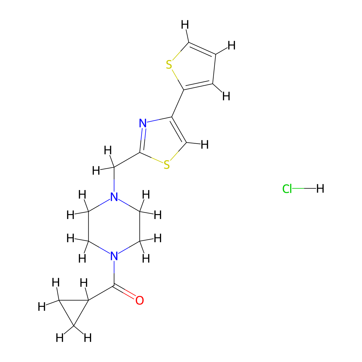 Cyclopropyl(4-((4-(thiophen-2-yl)thiazol-2-yl)methyl)piperazin-1-yl)methanone hydrochloride molecular structure, CAS 1216853-25-6