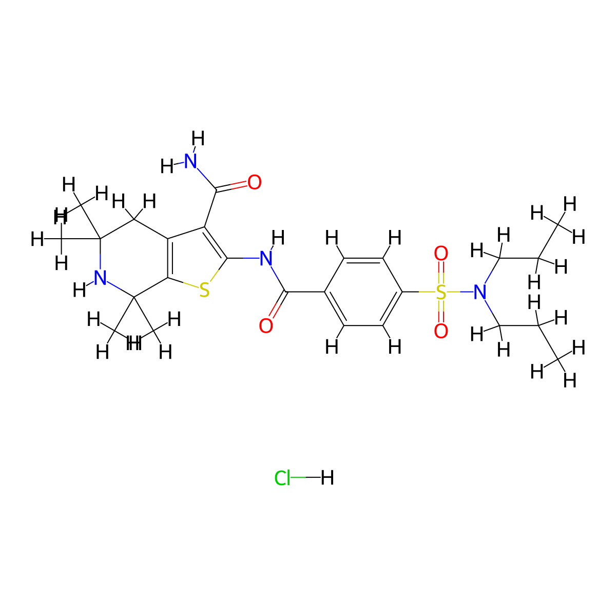 2-[4-(dipropylsulfamoyl)benzamido]-5,5,7,7-tetramethyl-4H,5H,6H,7H-thieno[2,3-c]pyridine-3-carboxamide hydrochloride molecular structure, CAS 1216854-43-1