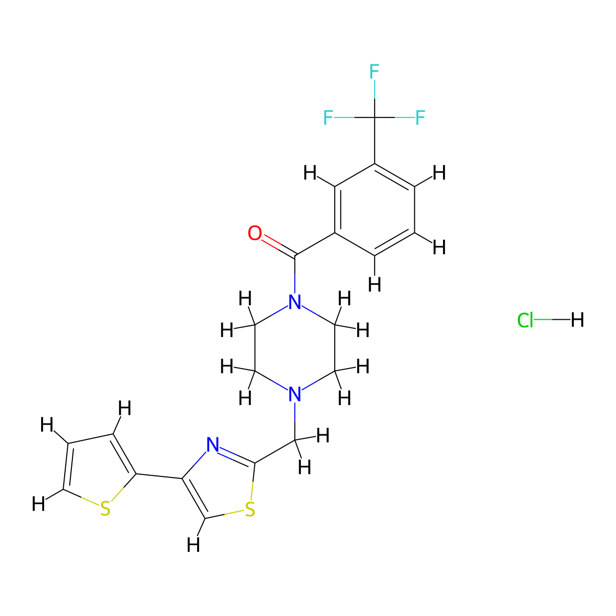 (4-((4-(Thiophen-2-yl)thiazol-2-yl)methyl)piperazin-1-yl)(3-(trifluoromethyl)phenyl)methanone hydrochloride molecular structure, CAS 1216854-77-1