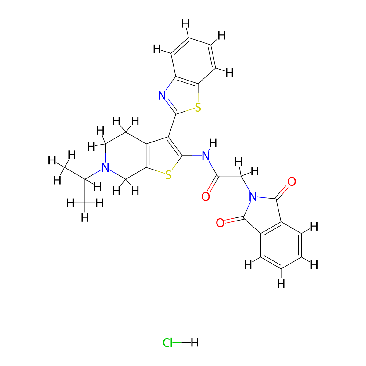 N-(3-(benzo[d]thiazol-2-yl)-6-isopropyl-4,5,6,7-tetrahydrothieno[2,3-c]pyridin-2-yl)-2-(1,3-dioxoisoindolin-2-yl)acetamide hydrochloride molecular structure, CAS 1216860-62-6