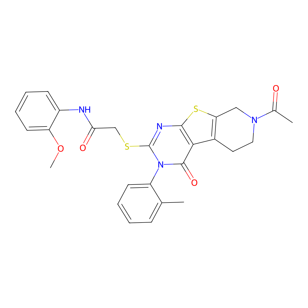 2-{[11-acetyl-4-(2-methylphenyl)-3-oxo-8-thia-4,6,11-triazatricyclo[7.4.0.0^{2,7}]trideca-1(9),2(7),5-trien-5-yl]sulfanyl}-N-(2-methoxyphenyl)acetamide molecular structure, CAS 1216861-77-6