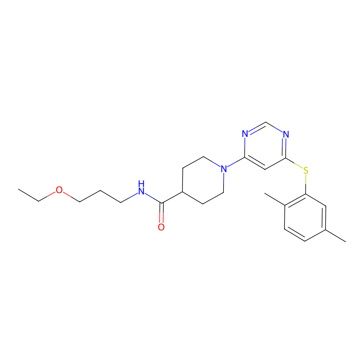 1-{6-[(2,5-dimethylphenyl)sulfanyl]pyrimidin-4-yl}-N-(3-ethoxypropyl)piperidine-4-carboxamide molecular structure, CAS 1216874-12-2