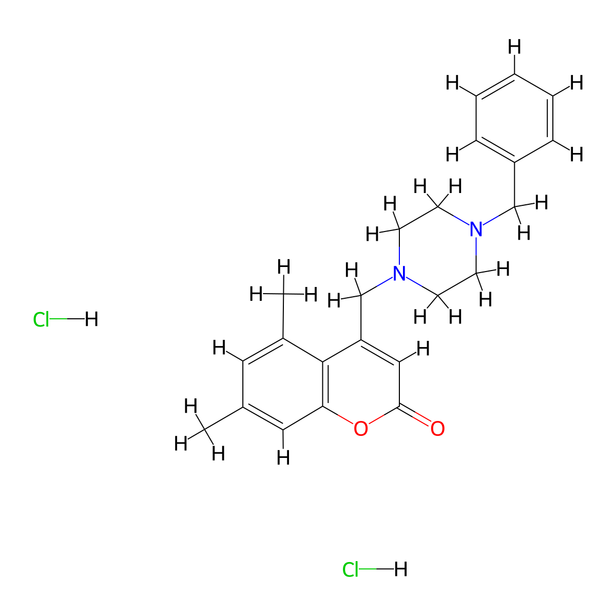 4-((4-benzylpiperazin-1-yl)methyl)-5,7-dimethyl-2H-chromen-2-one dihydrochloride molecular structure, CAS 1216878-46-4