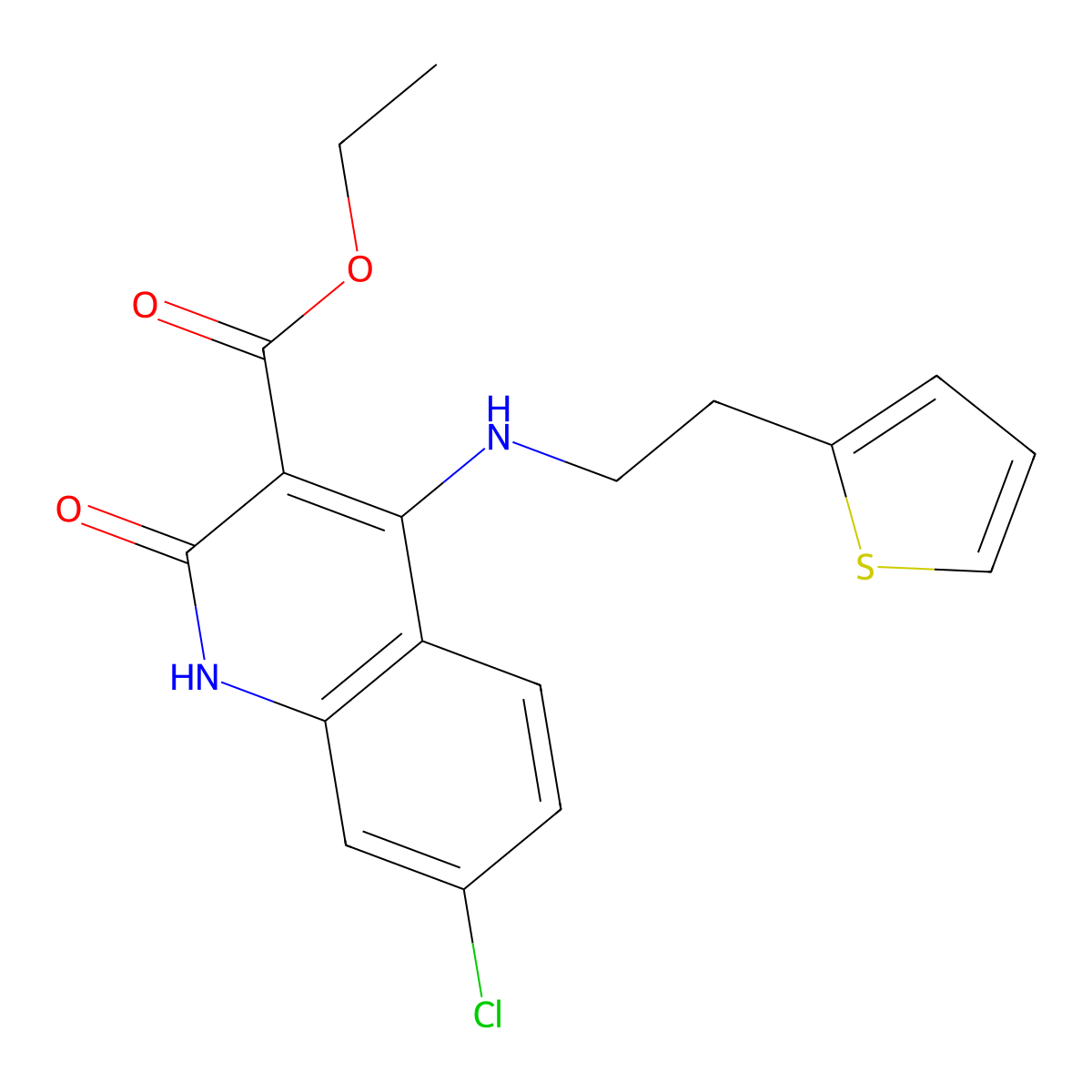 Ethyl 7-chloro-2-oxo-4-{[2-(thiophen-2-yl)ethyl]amino}-1,2-dihydroquinoline-3-carboxylate molecular structure, CAS 1216879-07-0