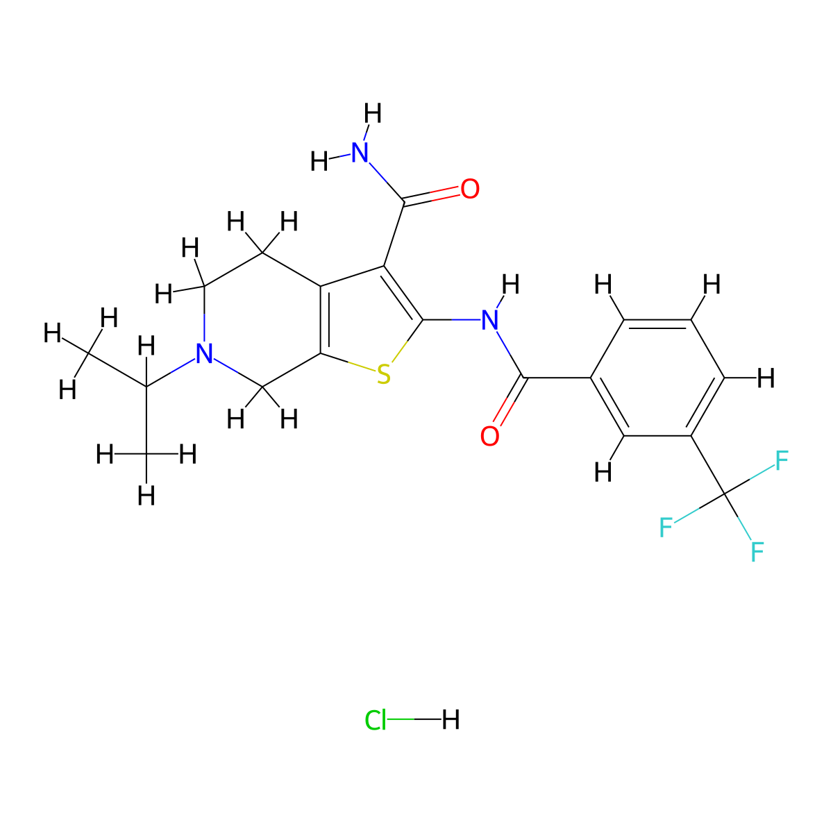 6-Isopropyl-2-(3-(trifluoromethyl)benzamido)-4,5,6,7-tetrahydrothieno[2,3-c]pyridine-3-carboxamide hydrochloride molecular structure, CAS 1216890-28-6