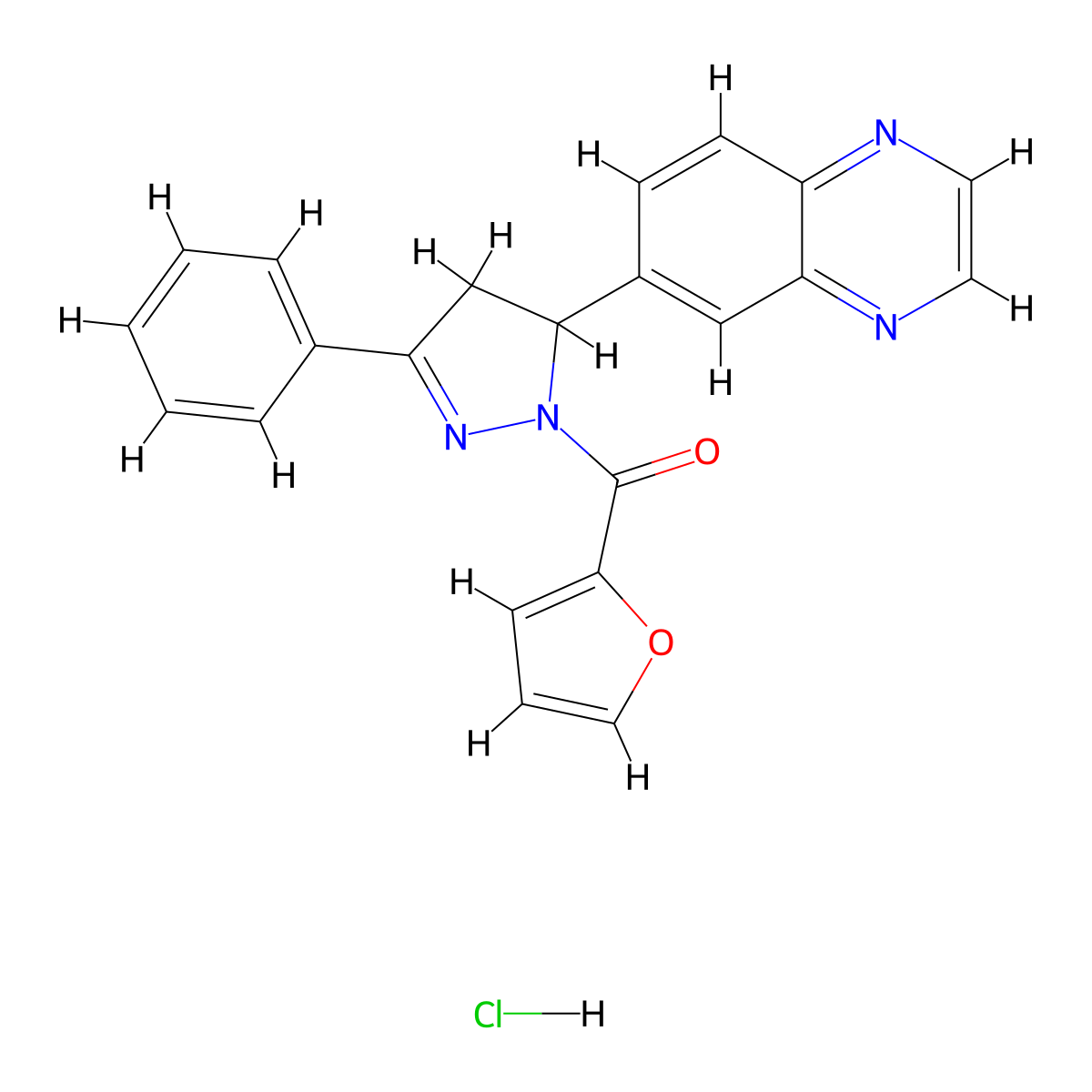 furan-2-yl(3-phenyl-5-(quinoxalin-6-yl)-4,5-dihydro-1H-pyrazol-1-yl)methanone hydrochloride molecular structure, CAS 1216892-42-0