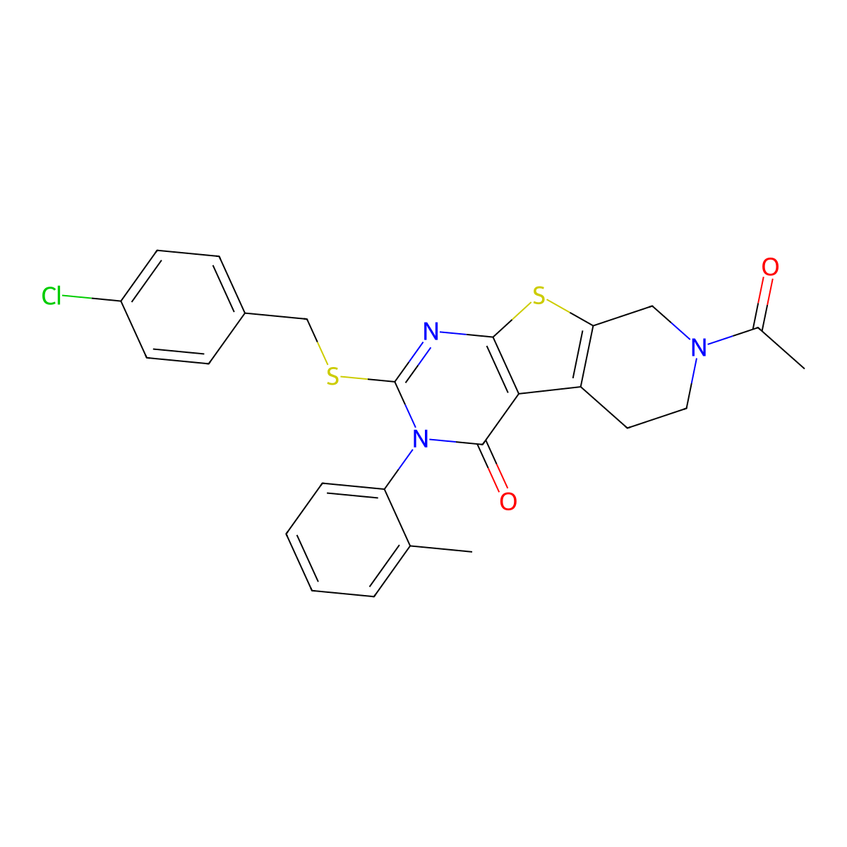 7-acetyl-2-((4-chlorobenzyl)thio)-3-(o-tolyl)-5,6,7,8-tetrahydropyrido[4',3':4,5]thieno[2,3-d]pyrimidin-4(3H)-one molecular structure, CAS 1216893-50-3