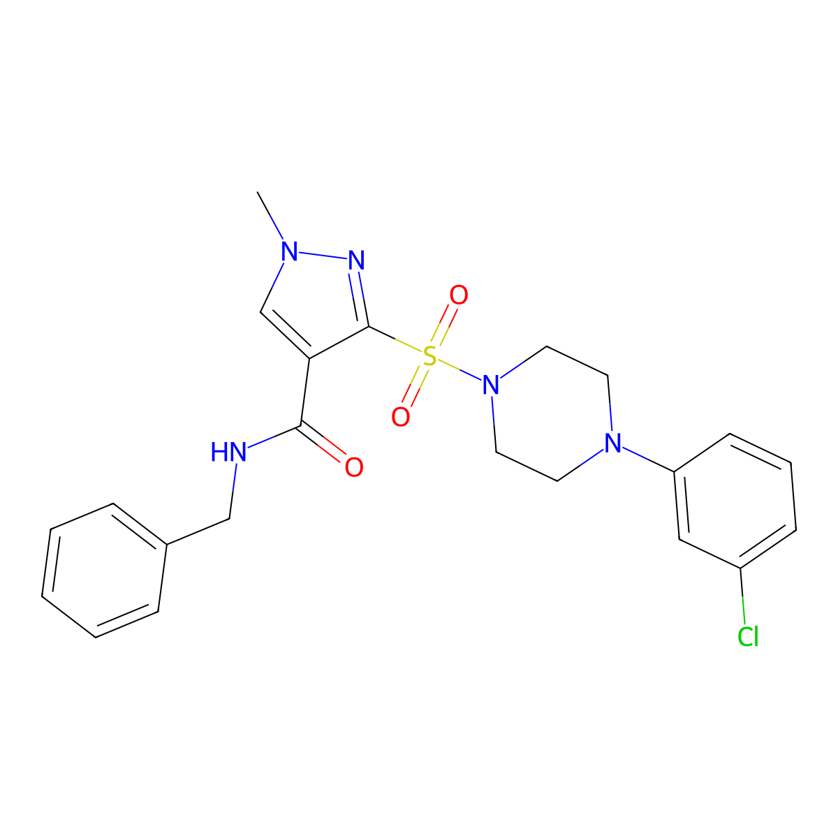 N-benzyl-3-{[4-(3-chlorophenyl)piperazin-1-yl]sulfonyl}-1-methyl-1H-pyrazole-4-carboxamide molecular structure, CAS 1216897-01-6