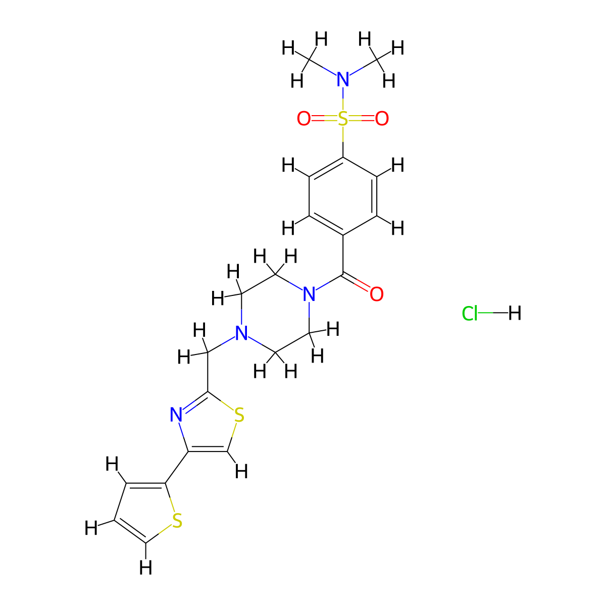 N,N-dimethyl-4-(4-((4-(thiophen-2-yl)thiazol-2-yl)methyl)piperazine-1-carbonyl)benzenesulfonamide hydrochloride molecular structure, CAS 1216898-29-1