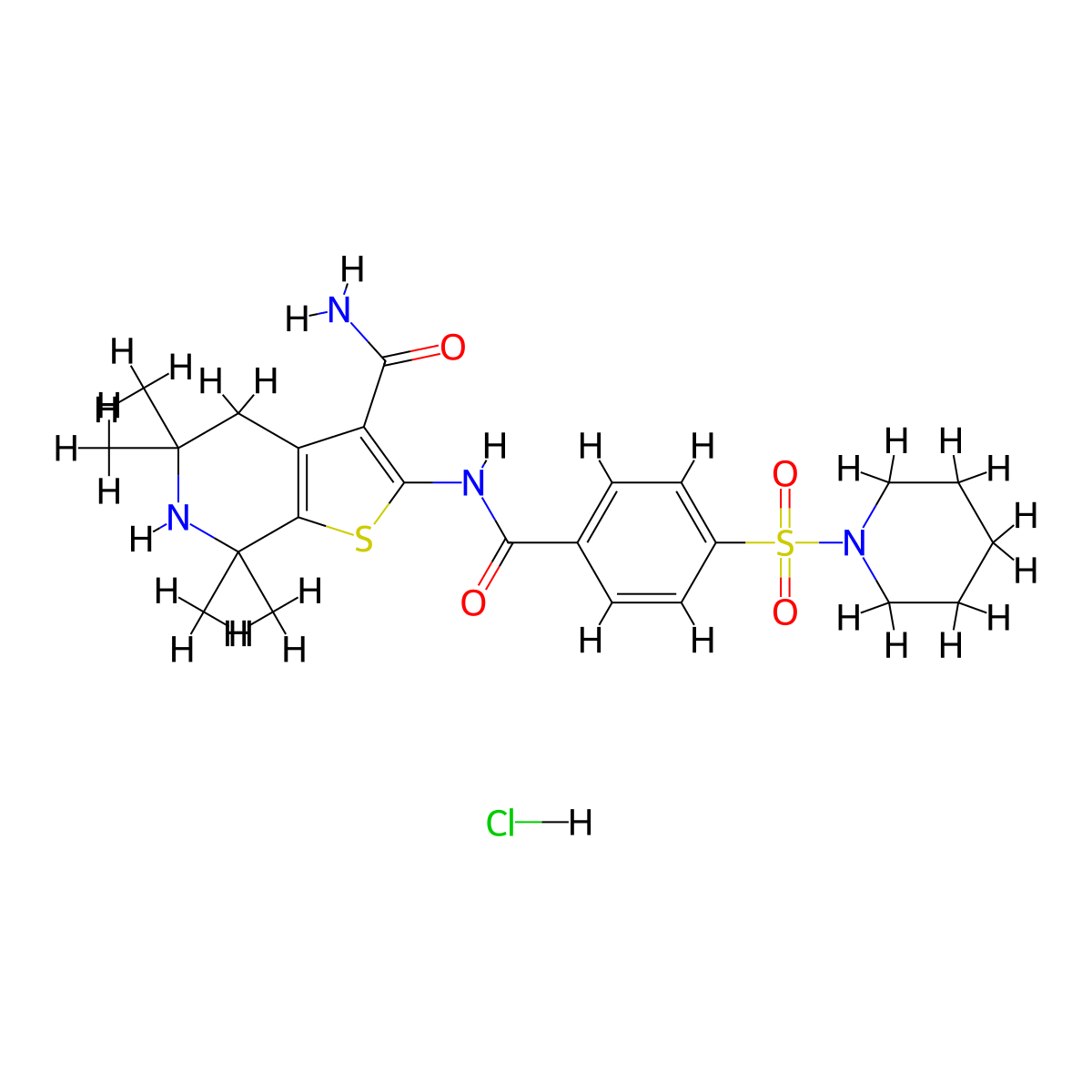 5,5,7,7-Tetramethyl-2-(4-(piperidin-1-ylsulfonyl)benzamido)-4,5,6,7-tetrahydrothieno[2,3-c]pyridine-3-carboxamide hydrochloride molecular structure, CAS 1216901-22-2