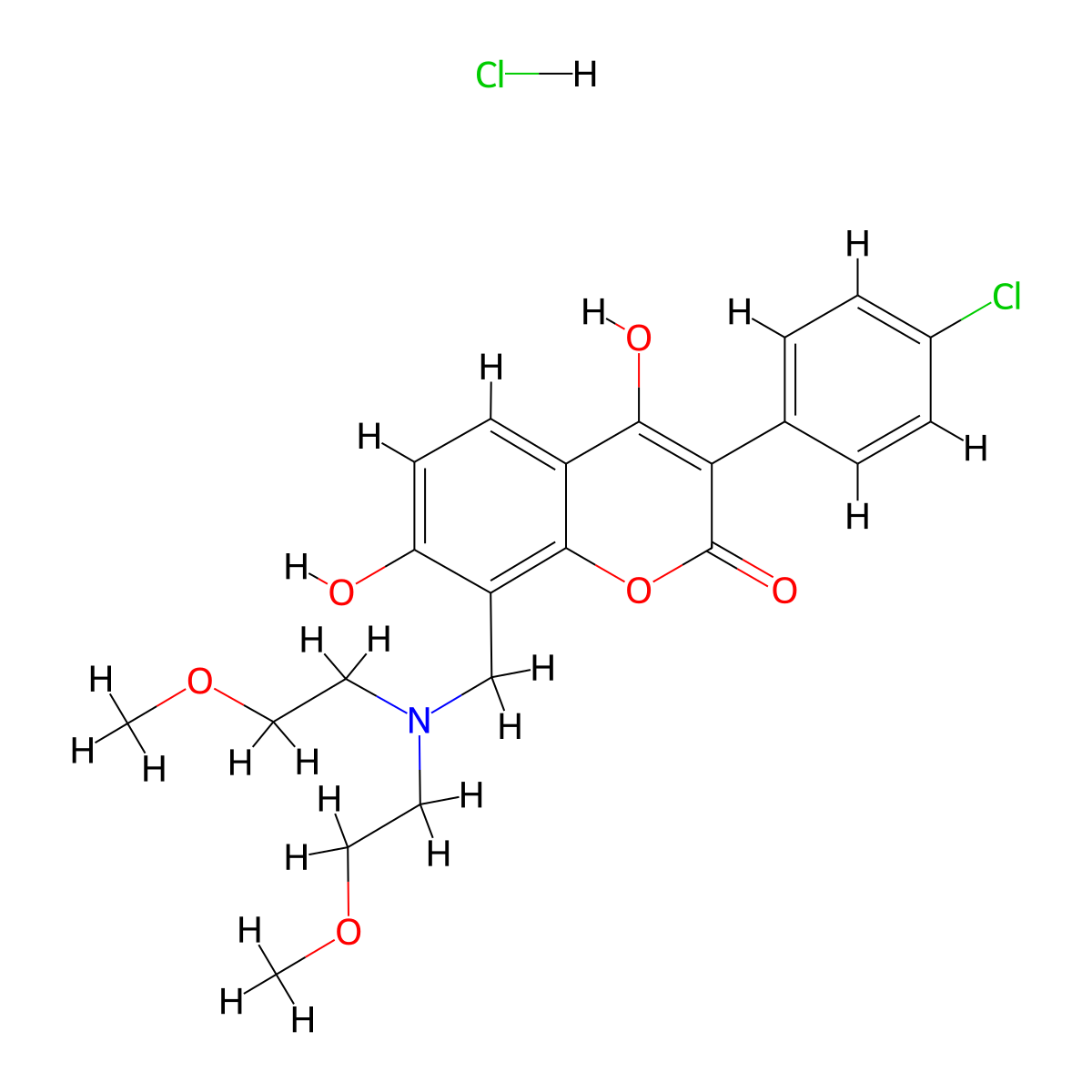 8-((bis(2-methoxyethyl)amino)methyl)-3-(4-chlorophenyl)-4,7-dihydroxy-2H-chromen-2-one hydrochloride molecular structure, CAS 1216904-45-8