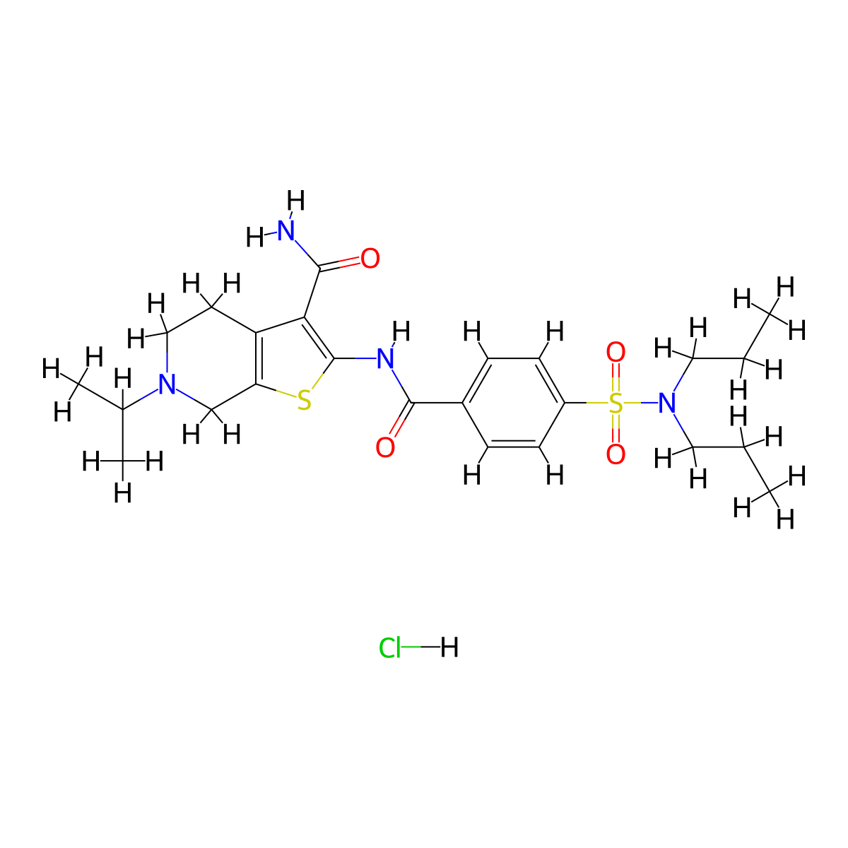 2-(4-(N,N-dipropylsulfamoyl)benzamido)-6-isopropyl-4,5,6,7-tetrahydrothieno[2,3-c]pyridine-3-carboxamide hydrochloride molecular structure, CAS 1216909-36-2