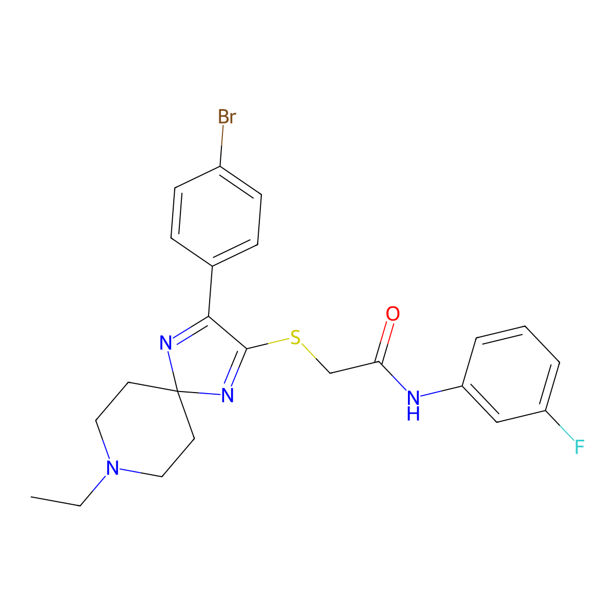 2-((3-(4-bromophenyl)-8-ethyl-1,4,8-triazaspiro[4.5]deca-1,3-dien-2-yl)thio)-N-(3-fluorophenyl)acetamide molecular structure, CAS 1216914-66-7