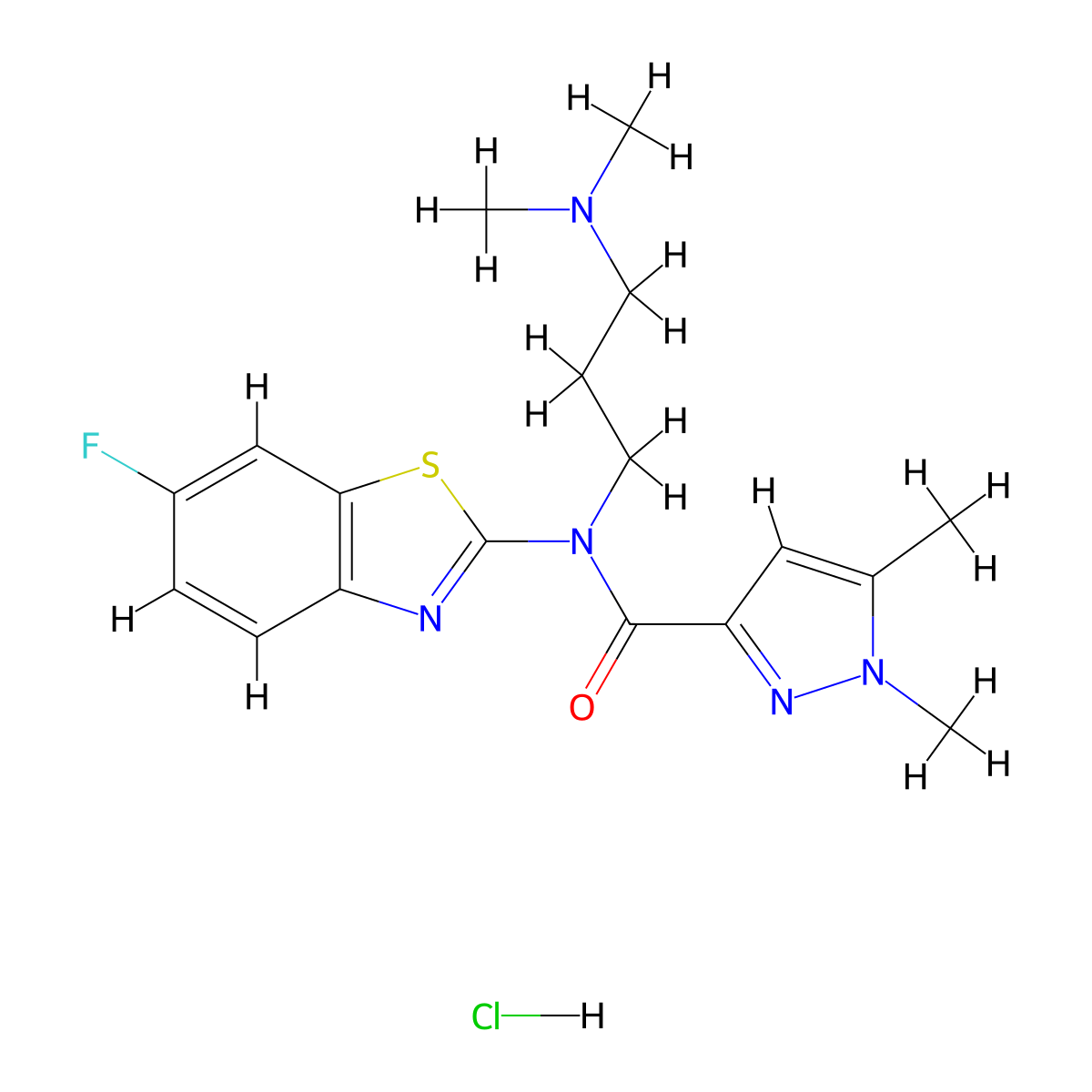 N-(3-(dimethylamino)propyl)-N-(6-fluorobenzo[d]thiazol-2-yl)-1,5-dimethyl-1H-pyrazole-3-carboxamide hydrochloride molecular structure, CAS 1216916-60-7