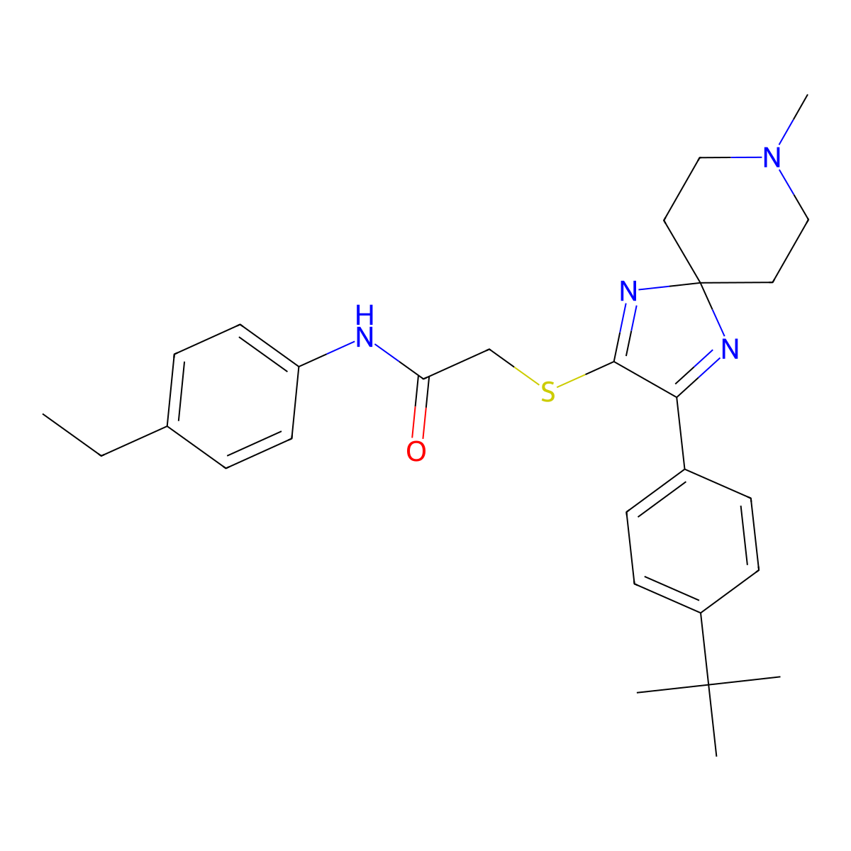2-{[3-(4-tert-butylphenyl)-8-methyl-1,4,8-triazaspiro[4.5]deca-1,3-dien-2-yl]sulfanyl}-N-(4-ethylphenyl)acetamide molecular structure, CAS 1216917-15-5