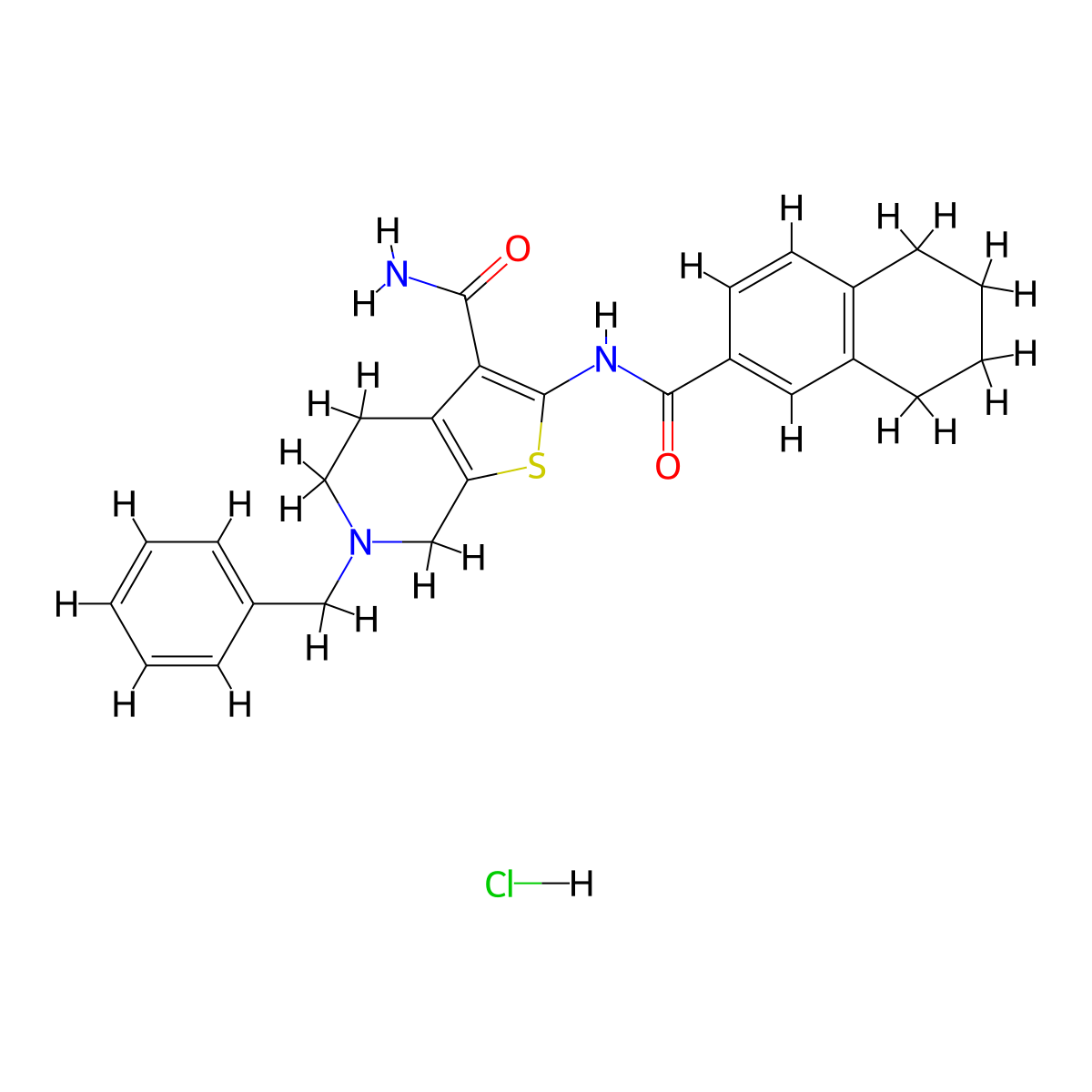 6-Benzyl-2-(5,6,7,8-tetrahydronaphthalene-2-carboxamido)-4,5,6,7-tetrahydrothieno[2,3-c]pyridine-3-carboxamide hydrochloride molecular structure, CAS 1216919-82-2