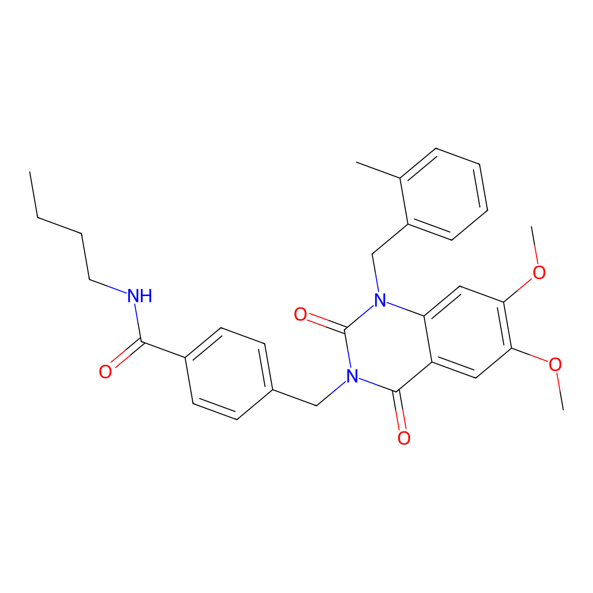 N-butyl-4-((6,7-dimethoxy-1-(2-methylbenzyl)-2,4-dioxo-1,2-dihydroquinazolin-3(4H)-yl)methyl)benzamide molecular structure, CAS 1216925-64-2