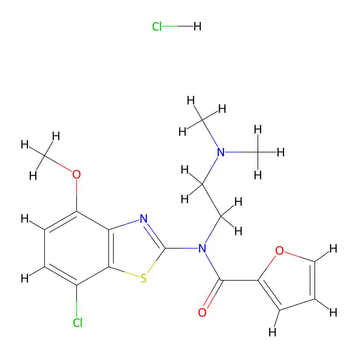 N-(7-chloro-4-methoxybenzo[d]thiazol-2-yl)-N-(2-(dimethylamino)ethyl)furan-2-carboxamide hydrochloride molecular structure, CAS 1216926-27-0