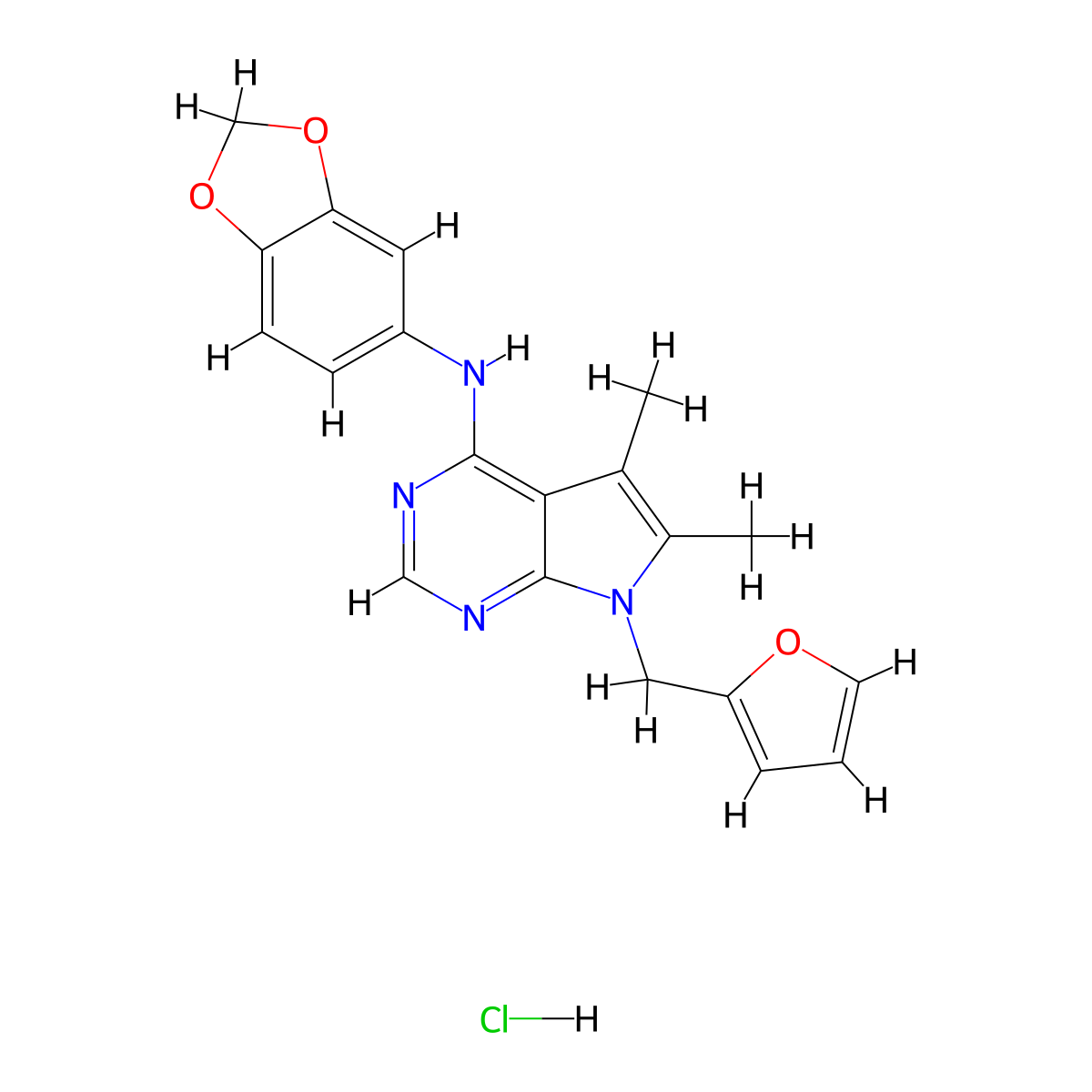 N-(benzo[d][1,3]dioxol-5-yl)-7-(furan-2-ylmethyl)-5,6-dimethyl-7H-pyrrolo[2,3-d]pyrimidin-4-amine hydrochloride molecular structure, CAS 1216928-50-5