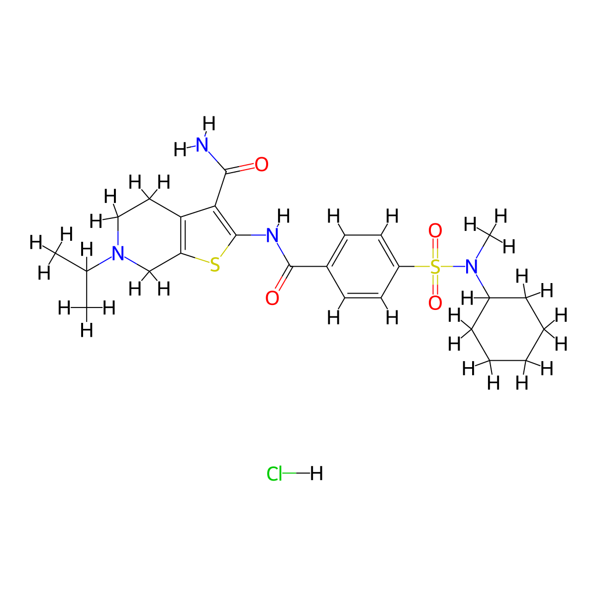 2-(4-(N-cyclohexyl-N-methylsulfamoyl)benzamido)-6-isopropyl-4,5,6,7-tetrahydrothieno[2,3-c]pyridine-3-carboxamide hydrochloride molecular structure, CAS 1216929-98-4