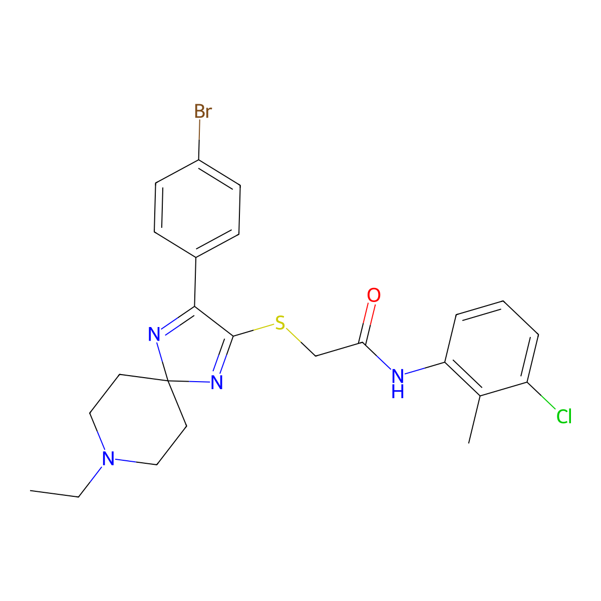 2-((3-(4-bromophenyl)-8-ethyl-1,4,8-triazaspiro[4.5]deca-1,3-dien-2-yl)thio)-N-(3-chloro-2-methylphenyl)acetamide molecular structure, CAS 1216932-92-1