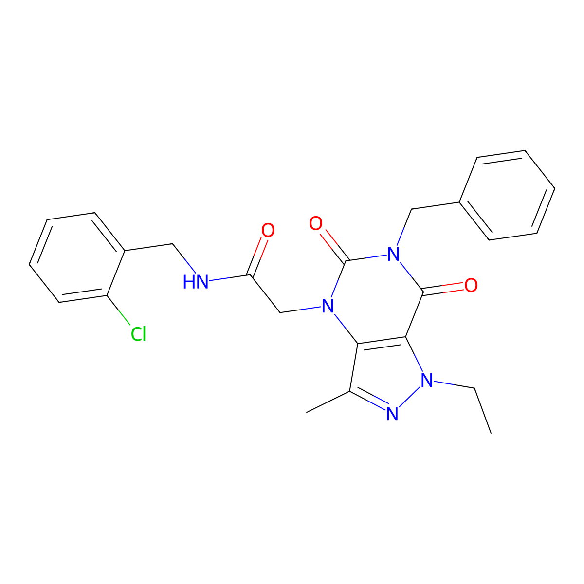 2-{6-benzyl-1-ethyl-3-methyl-5,7-dioxo-1H,4H,5H,6H,7H-pyrazolo[4,3-d]pyrimidin-4-yl}-N-[(2-chlorophenyl)methyl]acetamide molecular structure, CAS 1216948-53-6