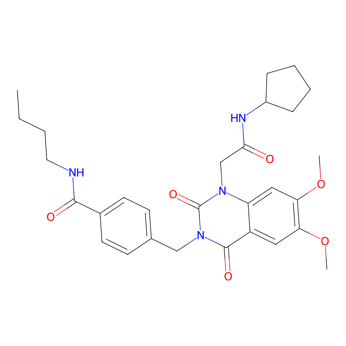 N-butyl-4-((1-(2-(cyclopentylamino)-2-oxoethyl)-6,7-dimethoxy-2,4-dioxo-1,2-dihydroquinazolin-3(4H)-yl)methyl)benzamide molecular structure, CAS 1216950-16-1