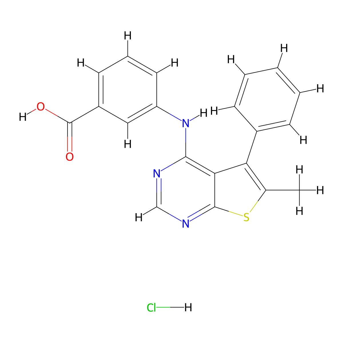 3-[(6-Methyl-5-phenylthieno[2,3-d]pyrimidin-4-yl)amino]benzoic acid;hydrochloride molecular structure, CAS 1216956-54-5
