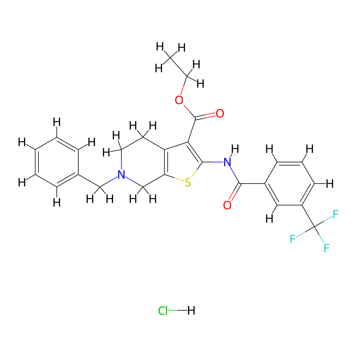 Ethyl 6-benzyl-2-(3-(trifluoromethyl)benzamido)-4,5,6,7-tetrahydrothieno[2,3-c]pyridine-3-carboxylate hydrochloride molecular structure, CAS 1216963-67-5