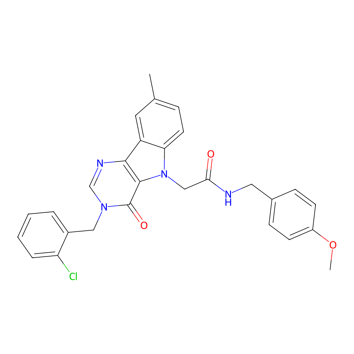 2-(3-(2-chlorobenzyl)-8-methyl-4-oxo-3H-pyrimido[5,4-b]indol-5(4H)-yl)-N-(4-methoxybenzyl)acetamide molecular structure, CAS 1216966-30-1